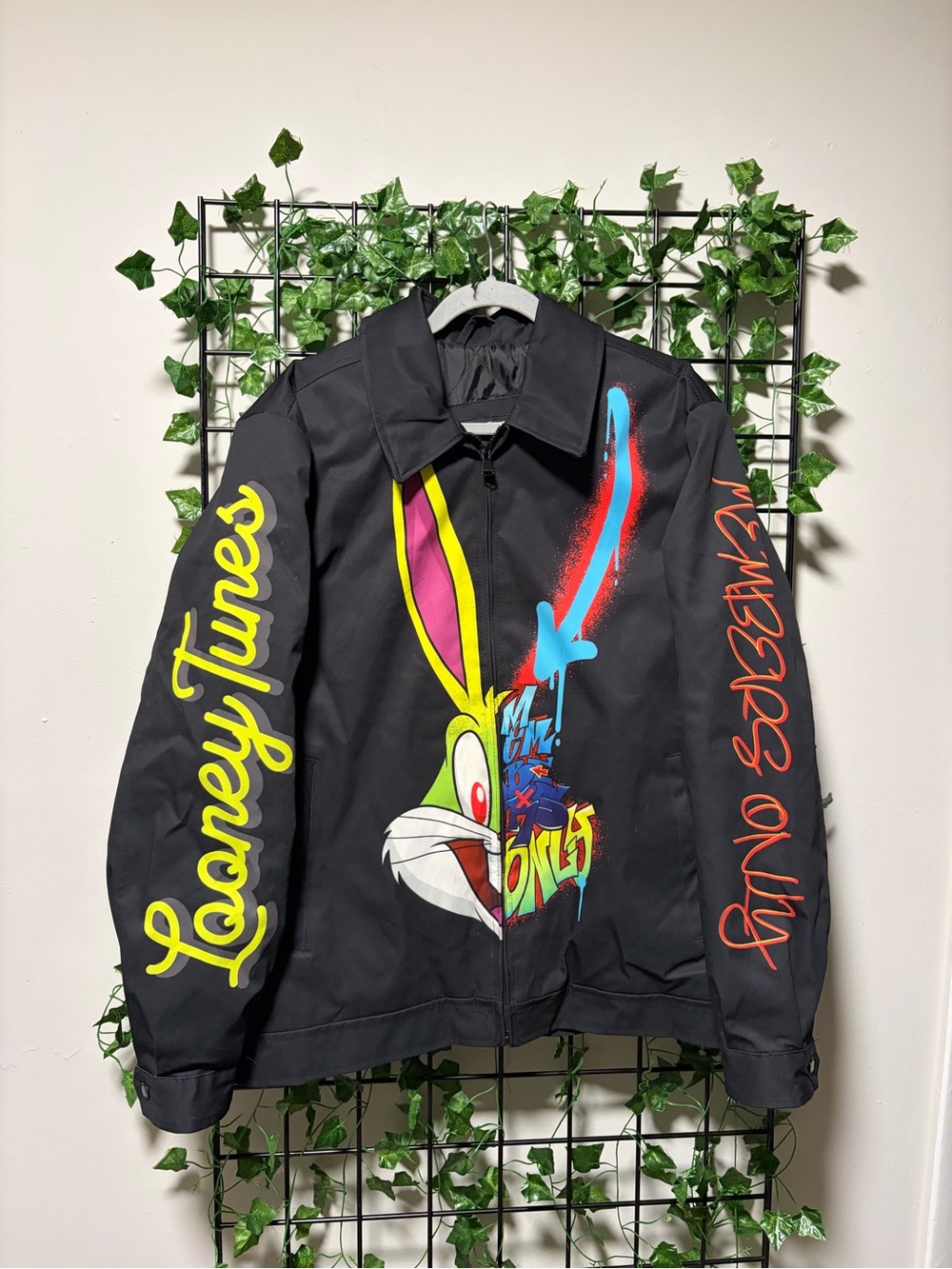 Members Only Black Looney Tunes Graphic Jacket with Multicolor Accents